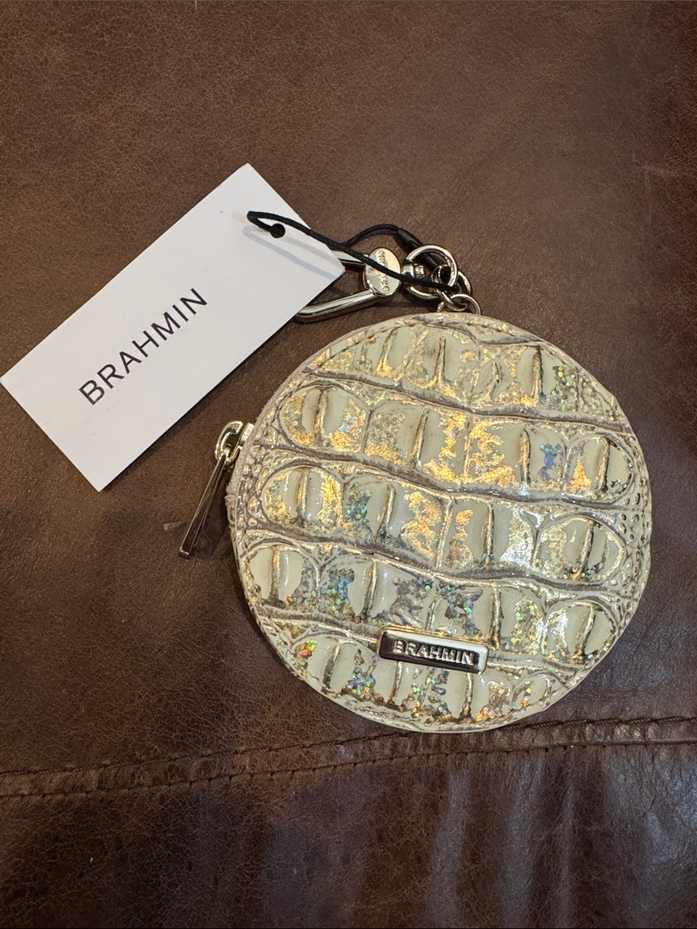 Brahmin Iridescent Cream Croc-Embossed Round Coin Pouch